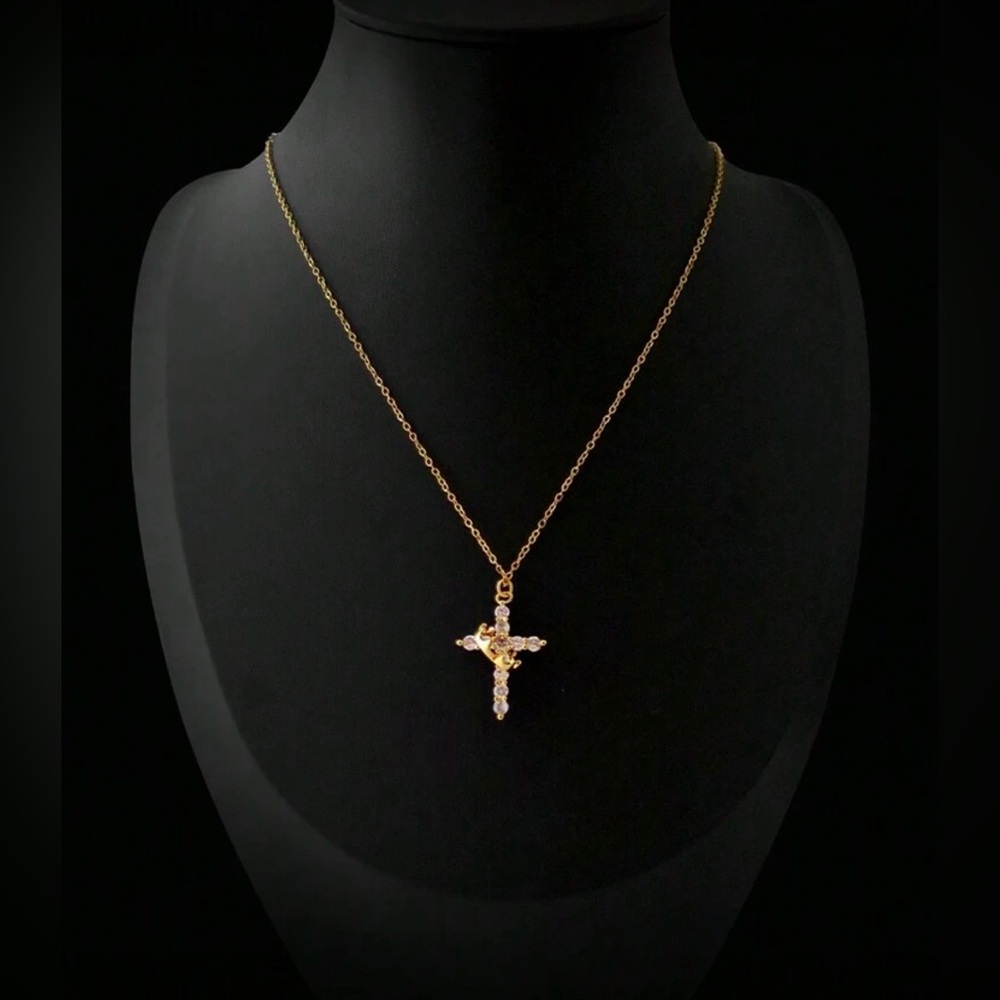Gold Crown and Rhinestone Cross Necklace - Picture 2 of 4